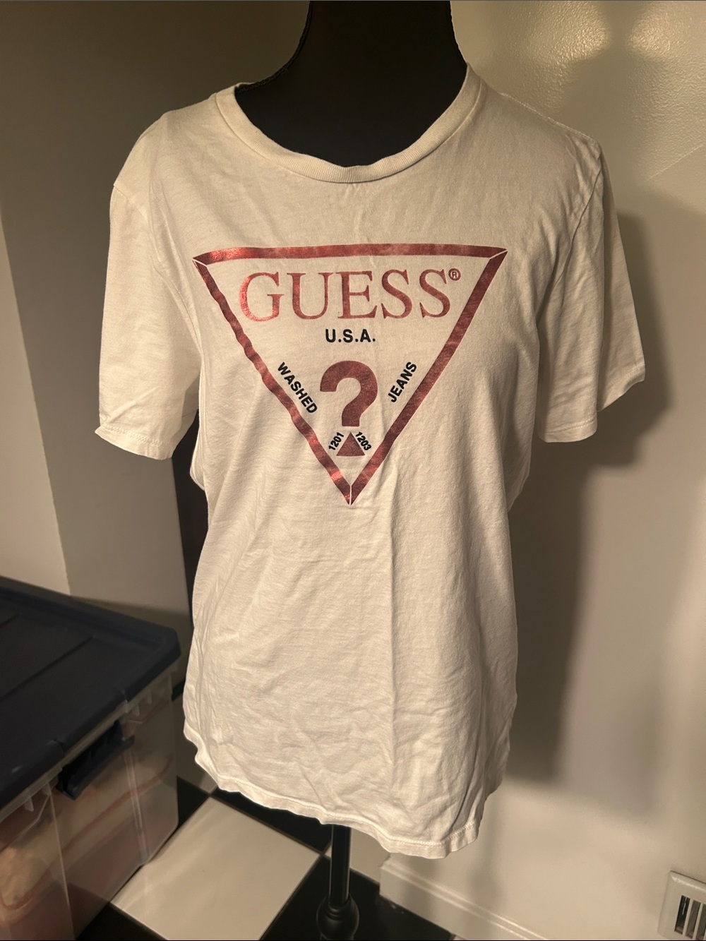 Guess White Short Sleeve Tee with Red Logo Triangle